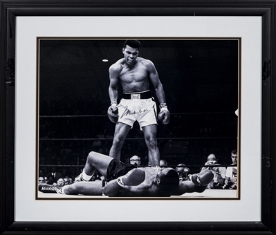 Muhammad Ali Autographed 16x20 Framed B&W Photograph of Ali Standing Over Liston (Mounted Memories COA)